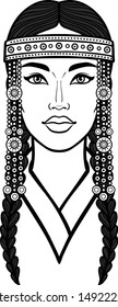 Asian beauty. Animation portrait of a beautiful girl in ancient national headdress and jewelry. Central Asia. Vector illustration isolated on a white background. Print, poster, t-shirt, card.