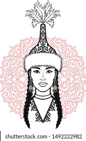 Asian beauty. Animation portrait of a beautiful girl in ancient national cap and jewelry. Red ethnic pattern. Central Asia. Vector illustration isolated. Print, poster, t-shirt, card.