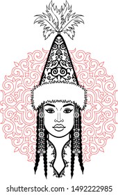 Asian beauty. Animation portrait of a beautiful girl in ancient national cap and jewelry. Red ethnic pattern. Central Asia. Vector illustration isolated. Print, poster, t-shirt, card.