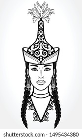 Asian beauty. Animation portrait of a beautiful girl in ancient national cap. Central Asia. Vector illustration isolated. Gray background. Print, poster, t-shirt, card.