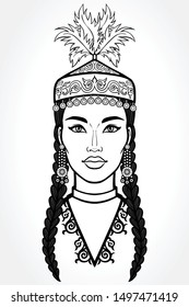 Asian beauty. Animation portrait of a beautiful girl in ancient national cap. Central Asia. Vector illustration isolated. Gray background. Print, poster, t-shirt, card.