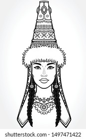 Asian beauty. Animation portrait of a beautiful girl in ancient national cap. Central Asia. Vector illustration isolated. Gray background. Print, poster, t-shirt, card.