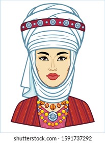 Asian beauty. Animation portrait of a beautiful girl in ancient national turban. Married woman 's headdress. Central Asia. Vector illustration isolated. Gray background. Print, poster, t-shirt, card.