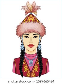 Asian beauty. Animation portrait of a beautiful girl in ancient national cap and jewelry. Central Asia. Vector illustration isolated. Print, poster, t-shirt, card.