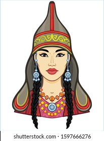 Asian beauty. Animation portrait of a beautiful girl in ancient national cap and jewelry. Central Asia. Vector illustration isolated. Print, poster, t-shirt, card.