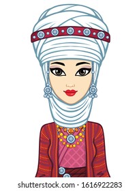 Asian beauty. Animation portrait of a beautiful girl in ancient national turban. Married woman's headdress. Central Asia. Vector illustration isolated. White background. Print, poster, t-shirt, card.