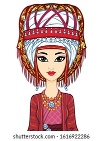 Asian beauty. Animation portrait of a beautiful girl in ancient national turban. Married woman's headdress. Central Asia. Vector illustration isolated. White background. Print, poster, t-shirt, card.