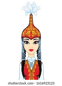 Asian beauty. Animation portrait of a beautiful girl in ancient national cap and jewelry. Central Asia. Vector illustration isolated on a white background. Print, poster, t-shirt, card.