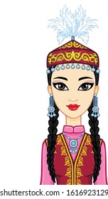 Asian beauty. Animation portrait of a beautiful girl in ancient national cap and jewelry. Central Asia. Vector illustration isolated on a white background. Print, poster, t-shirt, card.
