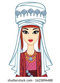 Asian beauty. Animation portrait of a beautiful girl in ancient national turban. Married woman's headdress. Central Asia. Vector illustration isolated. White background. Print, poster, t-shirt, card.