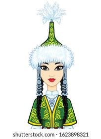 Asian beauty. Animation portrait of a beautiful girl in ancient national cap and jewelry. Central Asia. Vector illustration isolated on a white background. Print, poster, t-shirt, card.