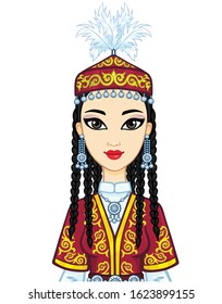 Asian beauty. Animation portrait of a beautiful girl in ancient national cap and jewelry. Central Asia. Vector illustration isolated on a white background. Print, poster, t-shirt, card.