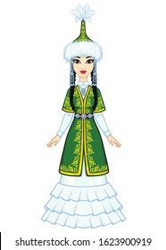 Asian beauty. Animation portrait of a beautiful girl in ancient national cap and jewelry. Full growth. Central Asia. Vector illustration isolated on a white background. 