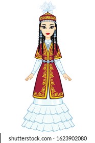 Asian beauty. Animation portrait of a beautiful girl in ancient national cap and jewelry. Full growth. Central Asia. Vector illustration isolated on a white background. 