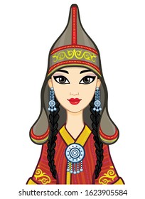 Asian beauty. Animation portrait of a beautiful girl in ancient national cap and jewelry. Central Asia. Vector illustration isolated. Print, poster, t-shirt, card.