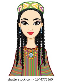 Asian beauty. Animation portrait of a beautiful girl in ancient national cap and jewelry. Central Asia. Vector illustration isolated on a white background. Print, poster, t-shirt, card