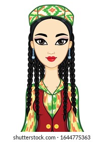 Asian beauty. Animation portrait of a beautiful girl in ancient national cap and jewelry. Central Asia. Vector illustration isolated on a white background. Print, poster, t-shirt, card