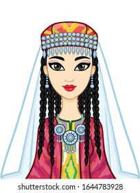 Asian beauty. Animation portrait of a beautiful girl in ancient national cap and jewelry. Central Asia. Vector illustration isolated on a white background. Print, poster, t-shirt, card