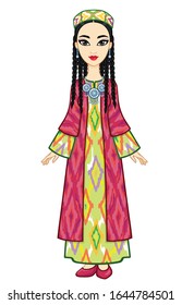 Asian beauty. Animation portrait of a beautiful girl in ancient national clothes and jewelry. Central Asia. Full growth. Vector illustration isolated. White background. 