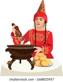 
Asian beauty. Animation portrait of a beautiful girl in ancient national cap and jewelry. Central Asia. Kazakh woman
pouring nauryz kozhe. Vector illustration isolated on a white background.