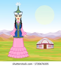 Asian beauty. Animation portrait of a beautiful girl in ancient national cap and jewelry. Full growth. Central Asia. Background - mountain landscape, ancient yurt. Dwelling of nomads. Vector. 