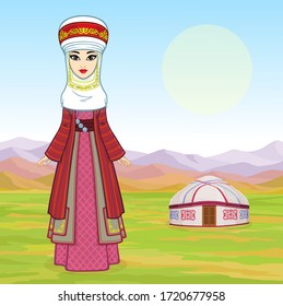 Asian beauty. Animation portrait of a beautiful girl in ancient national turban. Married woman's headdress. Full growth. Central Asia. Background - mountain landscape, ancient yurt. Vector 