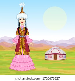 Asian beauty. Animation portrait of a beautiful girl in ancient national cap and jewelry. Full growth. Central Asia. Background - mountain landscape, ancient yurt. Dwelling of nomads. Vector. 