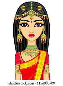 Asian beauty. Animation portrait of the young Indian girl in traditional clothes. Fairy tale princess. Vector illustration isolated on a white background.