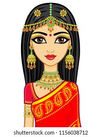 Asian beauty. Animation portrait of the young Indian girl in traditional clothes. Fairy tale princess. Vector illustration isolated on a white background.