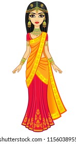 Asian beauty. Animation portrait of the young Indian girl in traditional clothes. Fairy tale princess. Full growth. Vector illustration isolated on a white background.