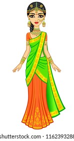 Asian beauty. Animation portrait of the young Indian girl in traditional clothes. Fairy tale princess. Full growth. Vector illustration isolated on a white background.
