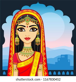 Asian beauty. Animation portrait of the young Indian girl in traditional clothes. Fairy tale princess. Background - the palace, a night mountain landscape. Place for the text. Vector illustration. 