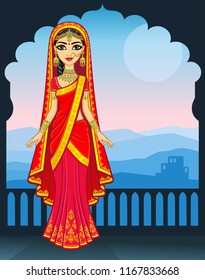 Asian beauty. Animation portrait of the young Indian girl in traditional clothes. Fairy tale princess. Background - the palace, a night mountain landscape. Place for the text. Vector illustration. 