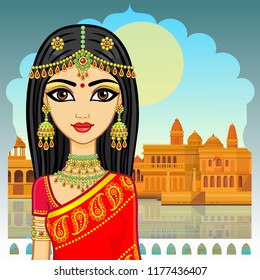 Asian beauty. Animation portrait of the young Indian girl in traditional clothes. Fairy tale princess. Background - openwork window of the palace, old city,  river embankment. Vector illustration.