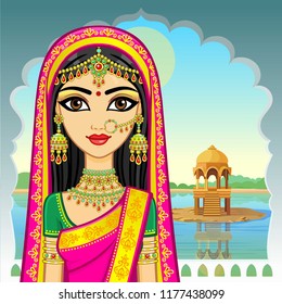 Asian beauty. Animation portrait of the young Indian girl in traditional clothes. Fairy tale princess. Background - openwork window of the palace,  river embankment.Vector illustration. 