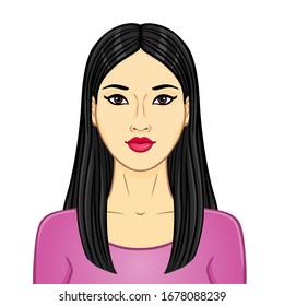 Asian beauty. Animation portrait of the young woman. Color drawing. Template for use. Vector illustration isolated on a white background. 