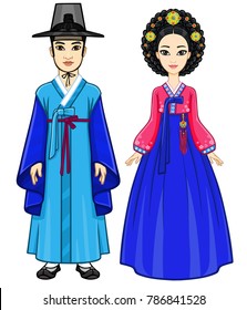 Asian beauty. Animation portrait of young beautiful Korean family in ancient traditional clothes. Full growth. Vector illustration isolated on a white background.