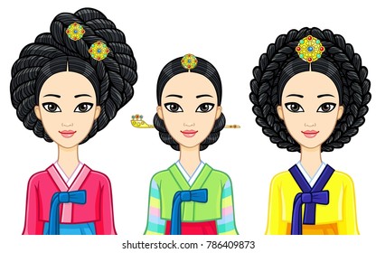 Asian beauty. Set of animation portraits of young Korean girls in ancient clothes with historical hairstyles. Vector illustration isolated on a white background.