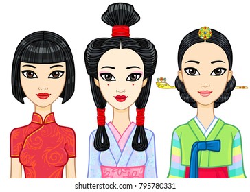 Asian beauty. Set of animation portraits of east women in traditional clothes. China, Japan, Korea. Vector illustration isolated on a white background.