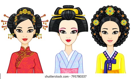 Asian beauty. Set of animation portraits of east women in traditional clothes. China, Japan, Korea. Vector illustration isolated on a white background.