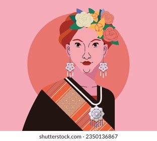 Asian Beauty Young Woman Wearing Traditional Floral Crown and Silk Fabric, Flat Vector Design Illustration