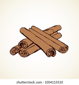 Asian big cannella cinamon fresh rolled pod bunch on white backdrop. Bright brown hand drawn cinammon meal logo emblem symbol sketch in retro art cartoon style. Closeup macro view with space for text
