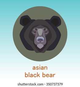 Asian black bear. Moon bear. White-chested bear. Face flat icon design. Animal icons series.
