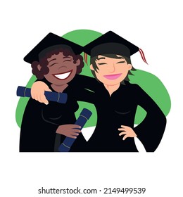 asian and black female friends hugging graduating happy wearing gown and hat smiling