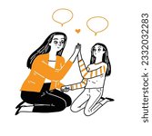 Asian black hair little playful daughter smiling touch hands hi five with beautiful young mother. Hand drawing vector illustration line art.