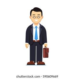 Asian black haired business man in suit and glasses standing with suitcase in hands. Full-length portrait of young office worker. Flat style modern vector illustration isolated on white background.