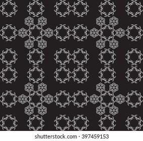 Asian black seamless patterns. Decorative ornament on shades of dark Burgundy and brighter Ruby background, silk textile, theater curtain. Template for Art, Print, Fashion, Home decor, Textile design