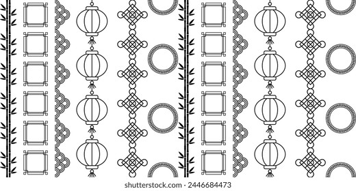 Asian black and white pattern. Bamboo, lanterns and other ornaments, seamless and vector.