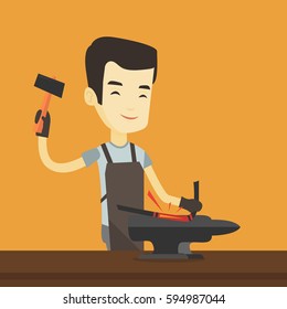 Asian blacksmith working metal with hammer on the anvil in the forge. Blacksmith at work in smithy. Blacksmith forging the molten metal on anvil. Vector flat design illustration. Square layout.