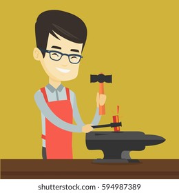 Herrero asiático trabajando metal con martillo en el yunque de la forja. Herrero trabajando en smithy. El herrero forjando el metal fundido sobre el yunque. Ilustración de diseño plana vectorial. Diseño cuadrado.